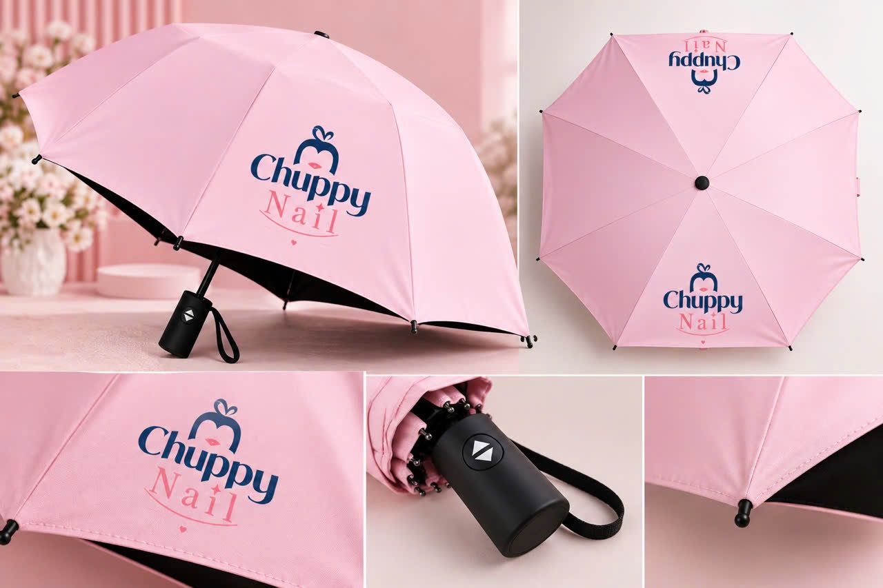 Dù hồng in logo Chuppy Nail, quà tặng tháng 10 của Chuppy Nails